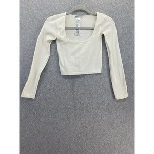 ZARA Women's Blouse Ribbed Scoop Neck Solid White Size Medium Cropped Long Sleev